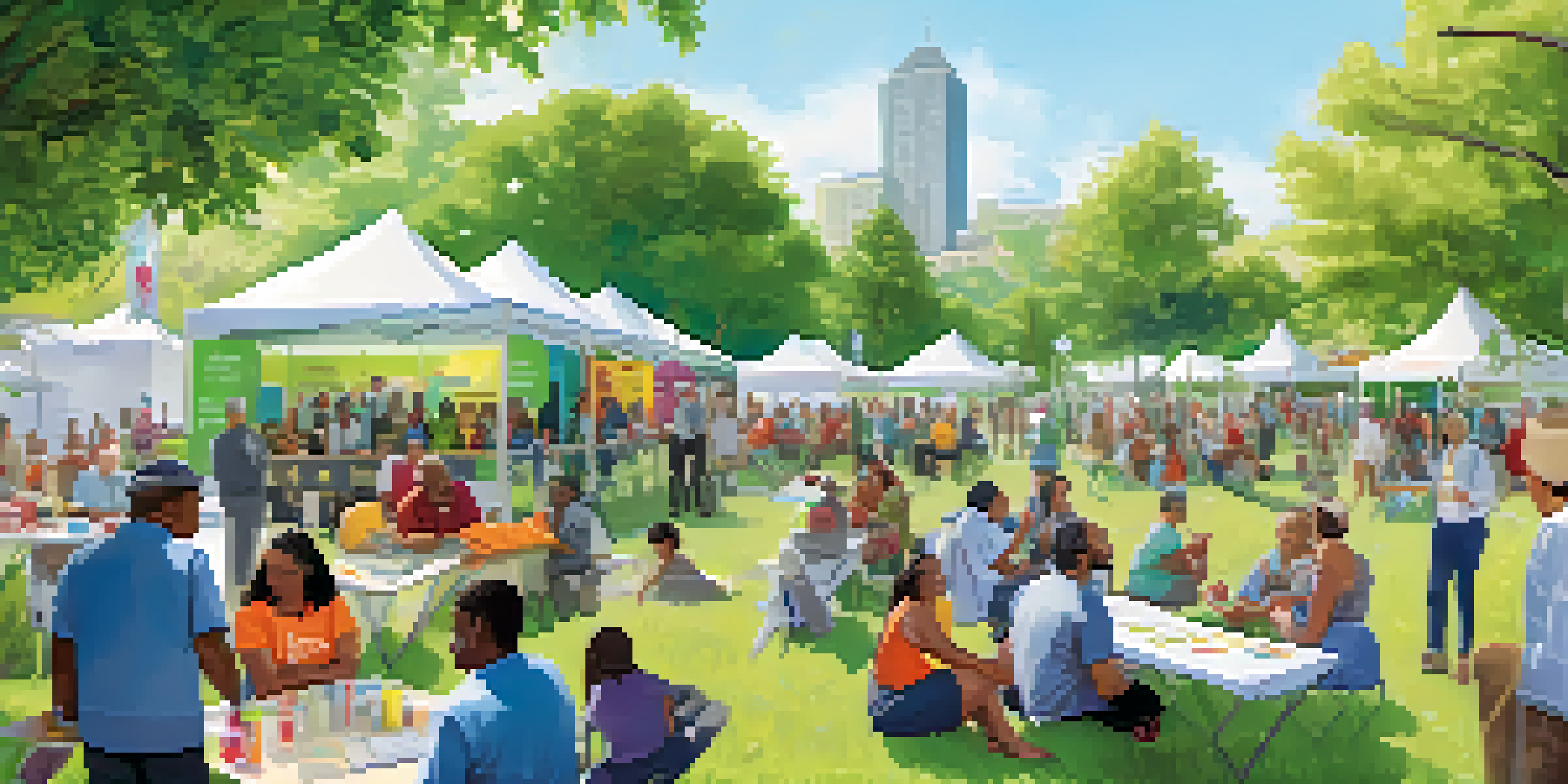 A lively community health event with people discussing vaccinations, health booths, and colorful banners in a sunny park setting.