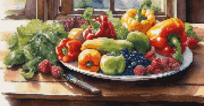 A colorful plate filled with various fruits and vegetables on a wooden table, illuminated by sunlight.
