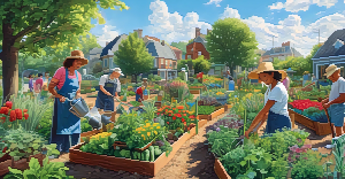 A community garden with diverse plants and flowers, where people of different ages are happily gardening together under a sunny sky.