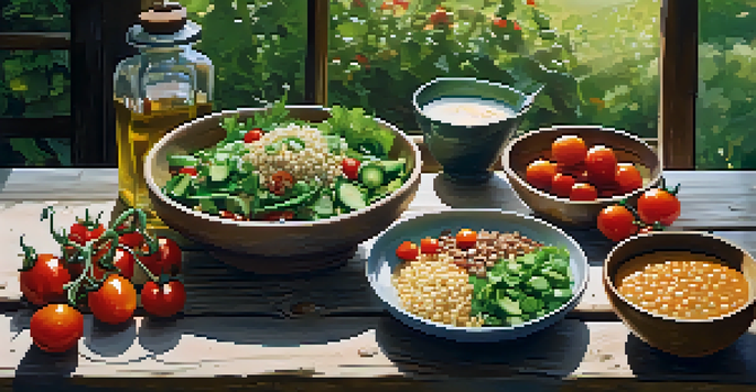 A rustic wooden table set with a colorful vegetarian meal including a salad, lentil soup, and quinoa, illuminated by natural sunlight.