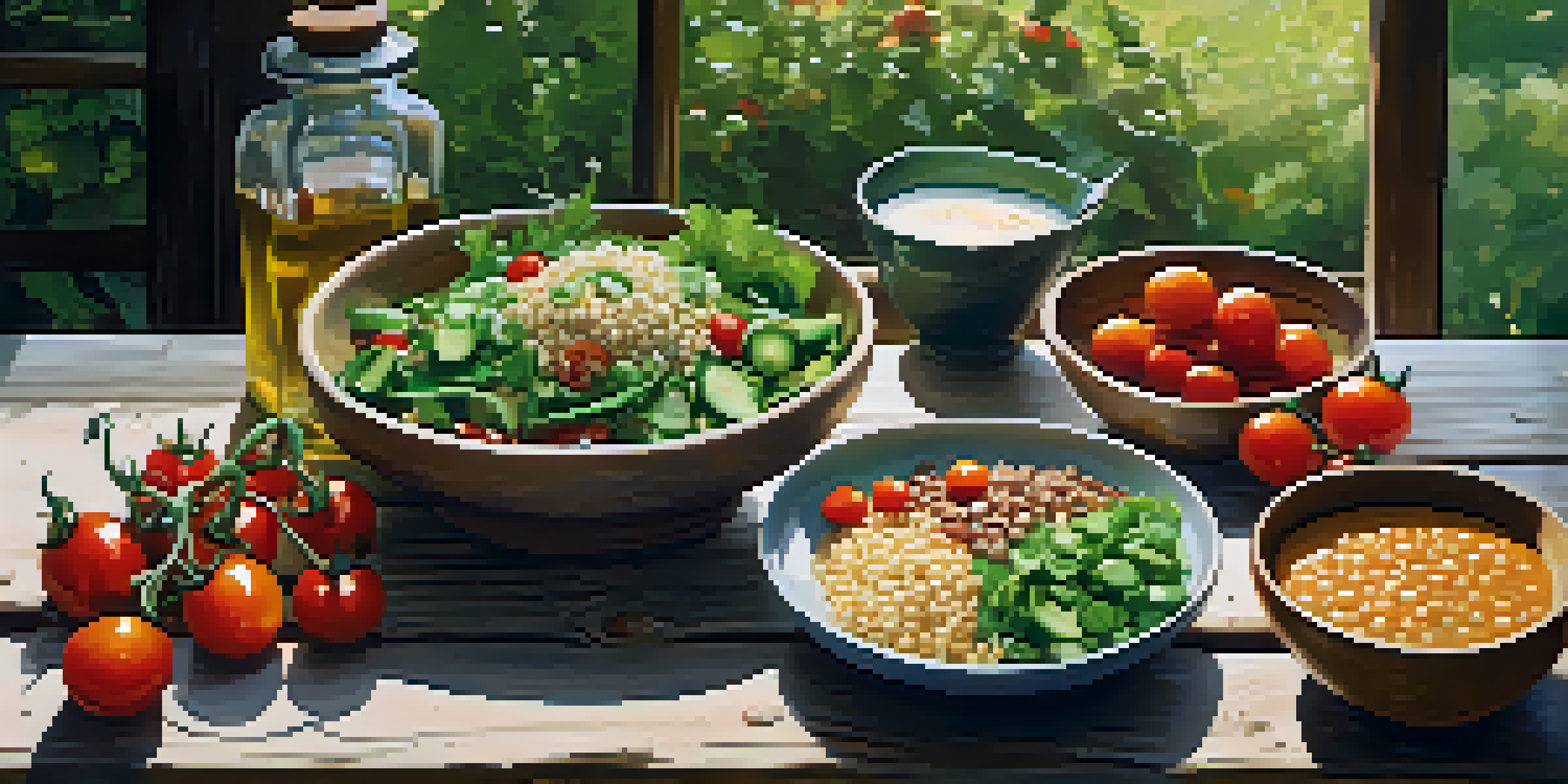 A rustic wooden table set with a colorful vegetarian meal including a salad, lentil soup, and quinoa, illuminated by natural sunlight.