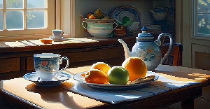 A cozy kitchen with sunlight, a wooden table set for breakfast, featuring a steaming cup of tea and a plate of fresh fruit, with a closed smartphone, symbolizing a digital detox.