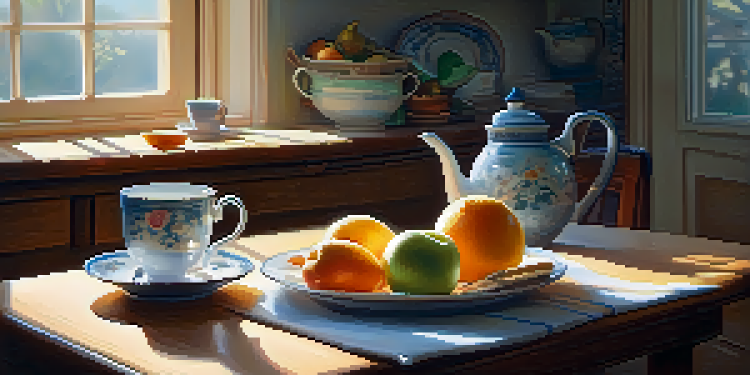 A cozy kitchen with sunlight, a wooden table set for breakfast, featuring a steaming cup of tea and a plate of fresh fruit, with a closed smartphone, symbolizing a digital detox.
