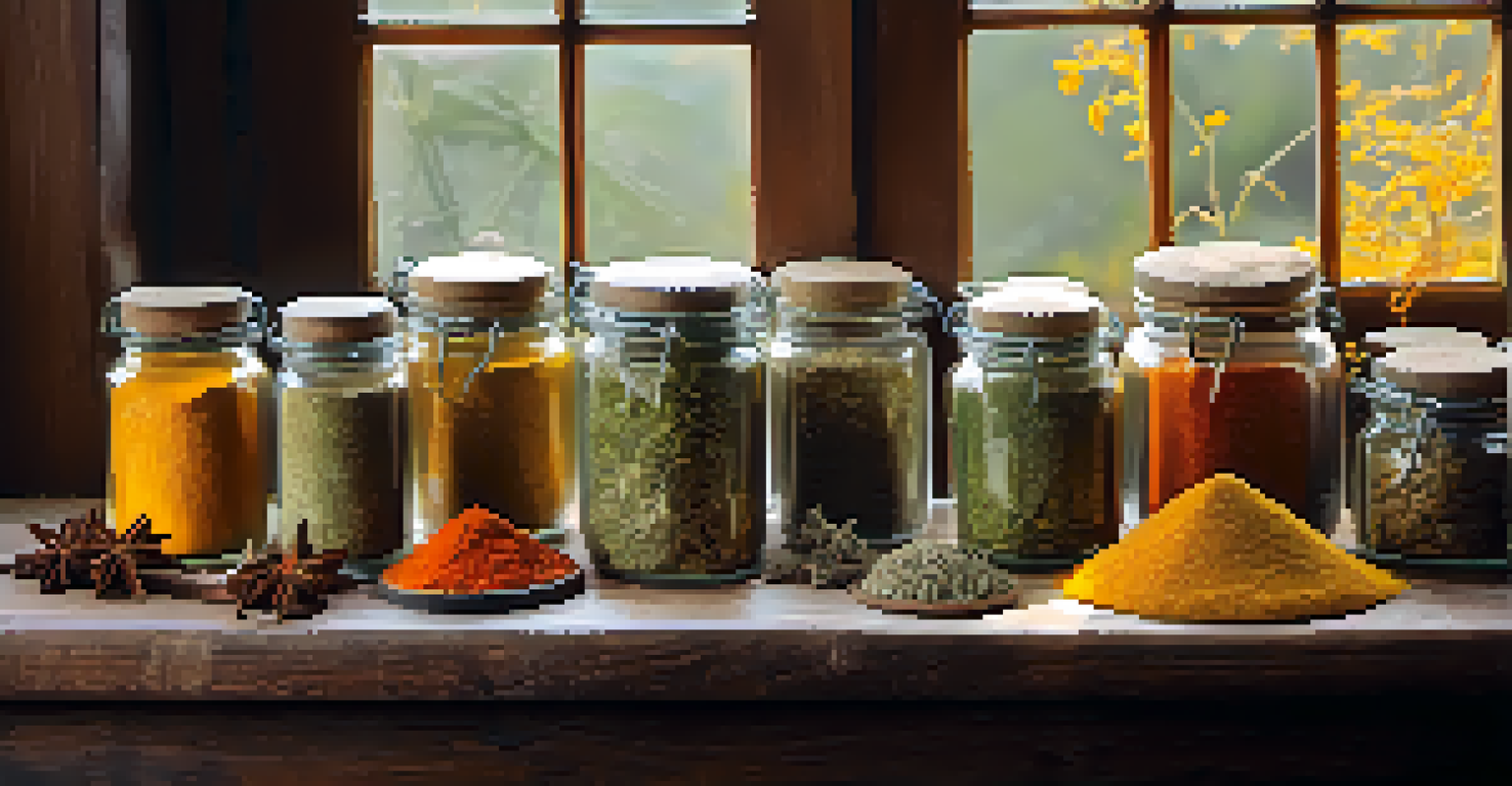 A wooden table displaying a variety of Ayurvedic herbs and spices, including turmeric and ashwagandha, in jars, illuminated by natural light.