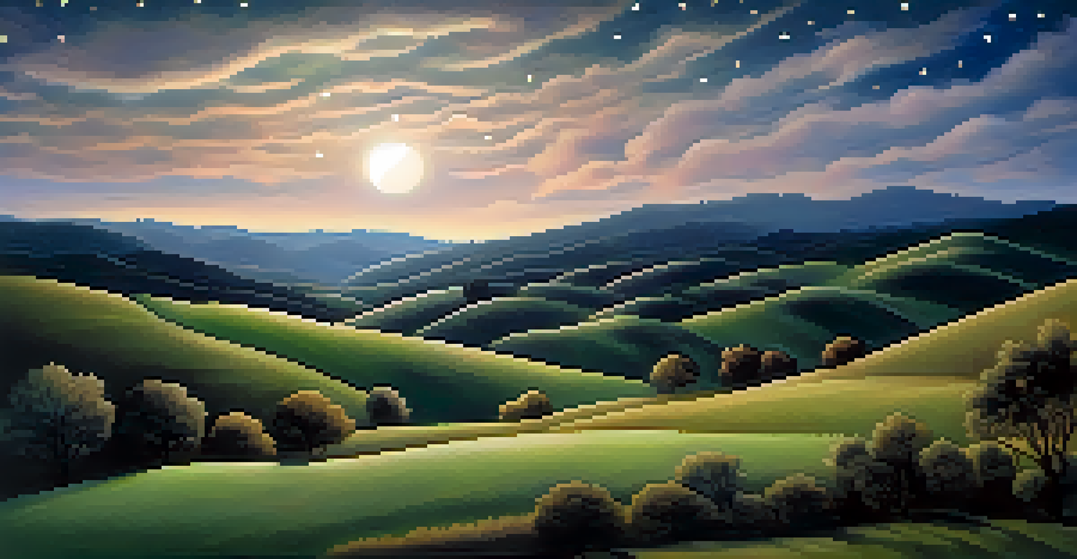 A dreamlike landscape with rolling hills, a starry night sky, and a glowing full moon.