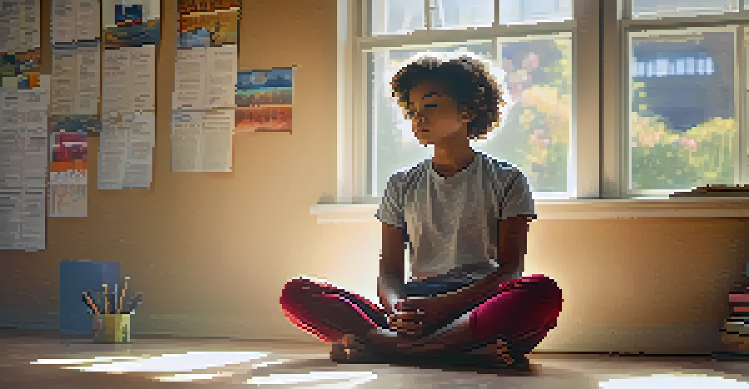 A close-up of a student's hands in a meditative pose, with a cozy classroom background.