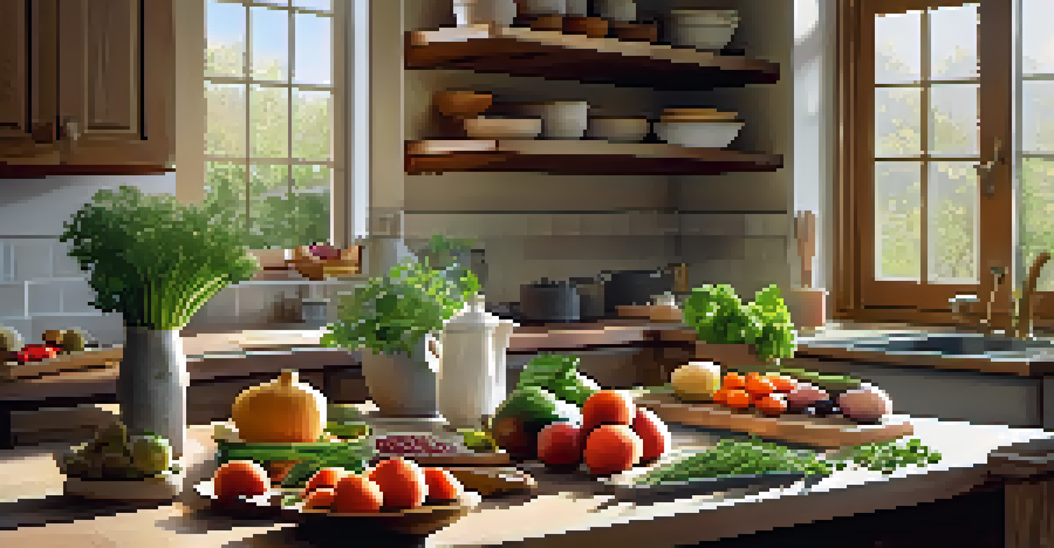 A cozy kitchen with a wooden table displaying fresh organic ingredients and an open recipe book, illuminated by soft natural light.