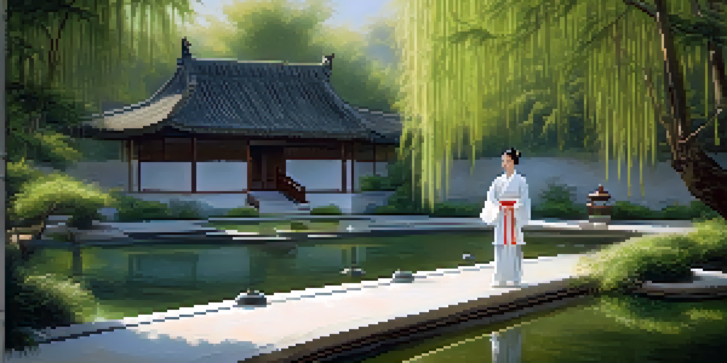 A practitioner performing tai chi in a traditional Chinese garden with a pond, surrounded by willow trees and bamboo, illuminated by soft sunlight.