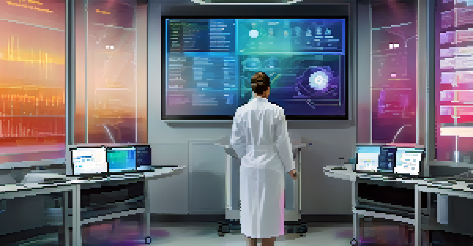 A healthcare professional analyzing patient data on a large touchscreen interface with holographic displays in a high-tech environment.
