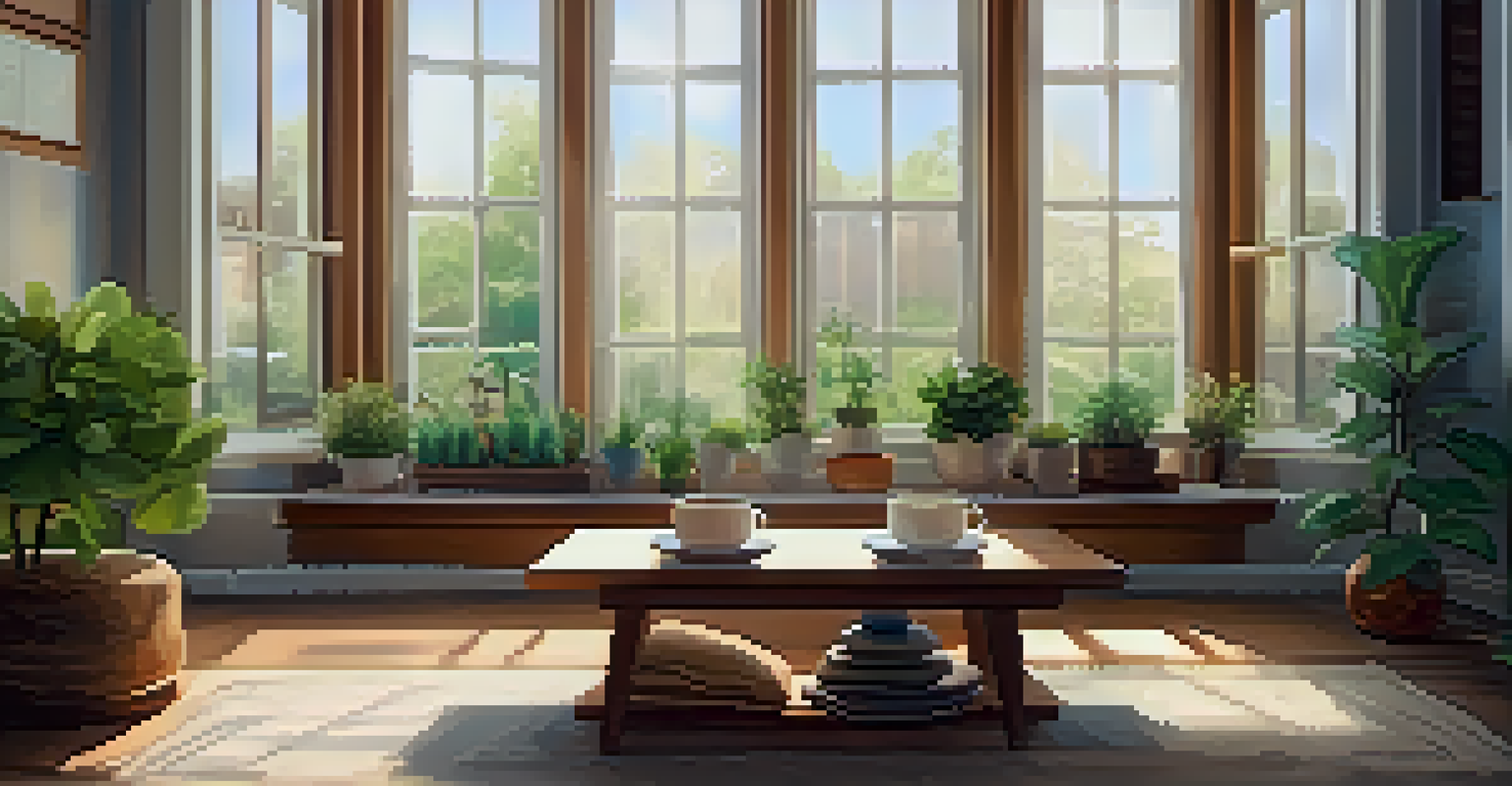 A cozy indoor space for mindfulness with cushions, tea, and plants, softly lit by natural light.