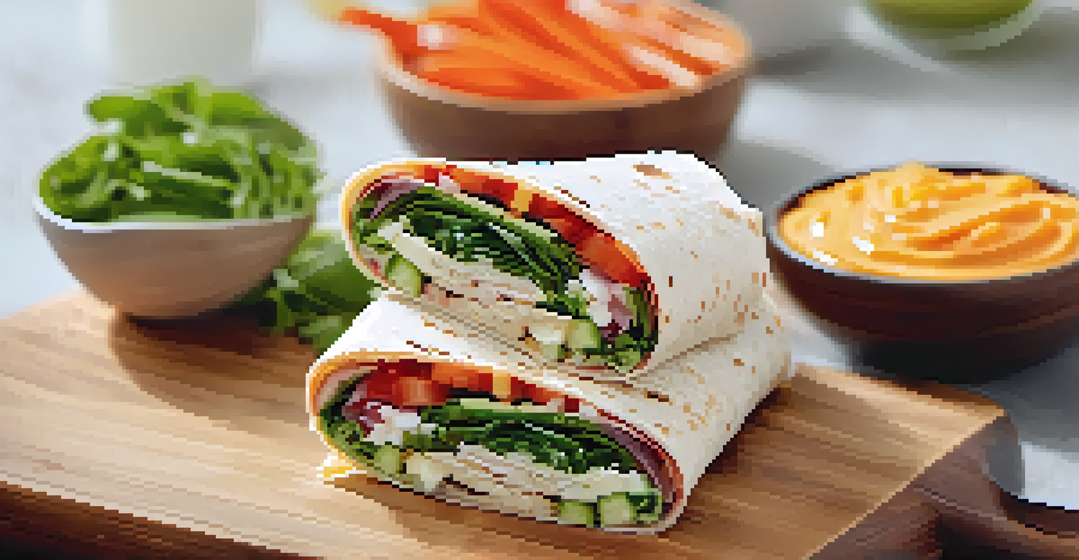 A healthy wrap filled with turkey, fresh veggies, and cheese, cut in half and displayed on a cutting board with a small bowl of dipping sauce.