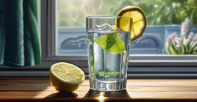 A glass of water with ice and a lemon slice on a wooden table, illuminated by sunlight with a green plant in the background.