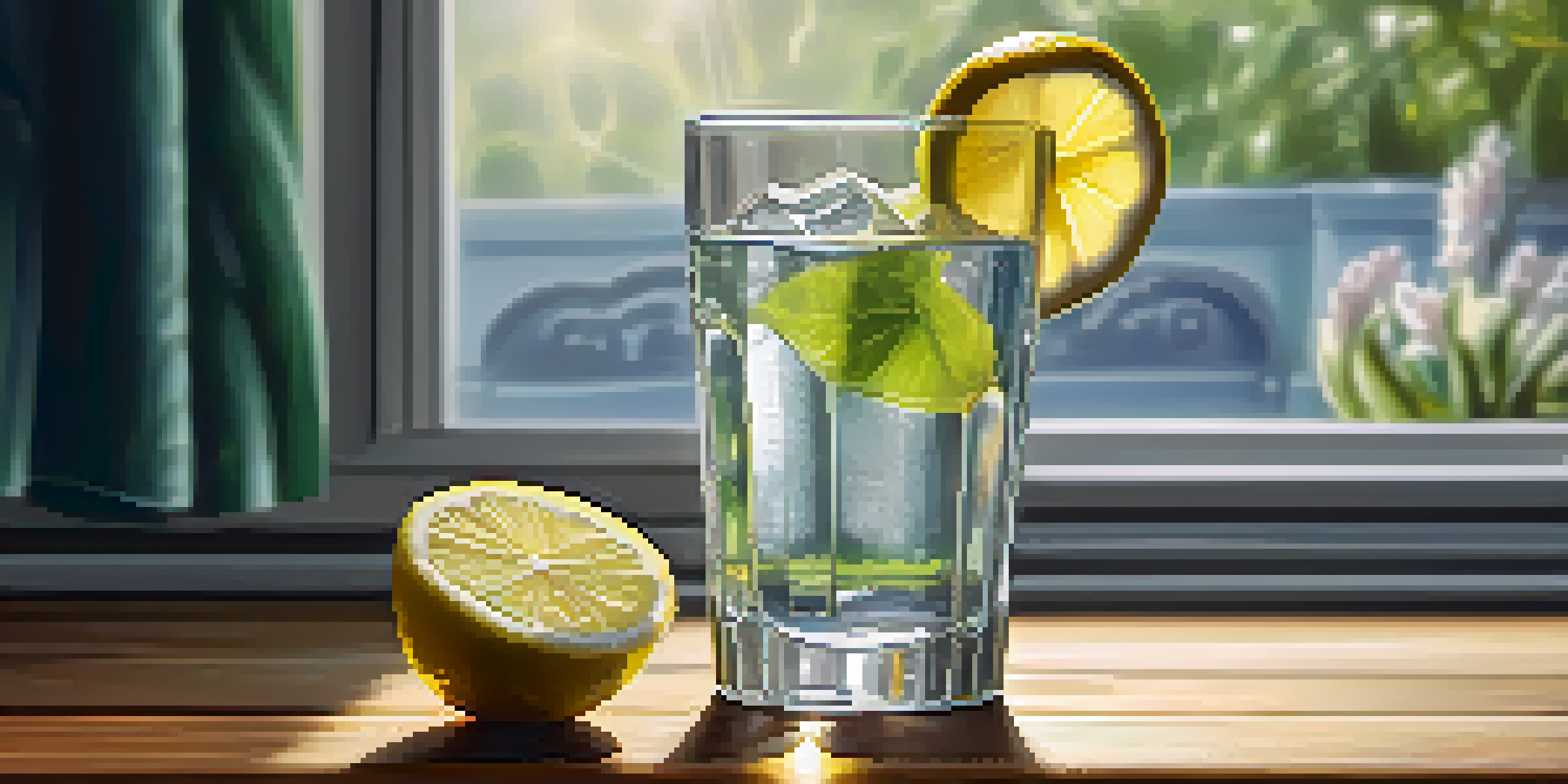 A glass of water with ice and a lemon slice on a wooden table, illuminated by sunlight with a green plant in the background.