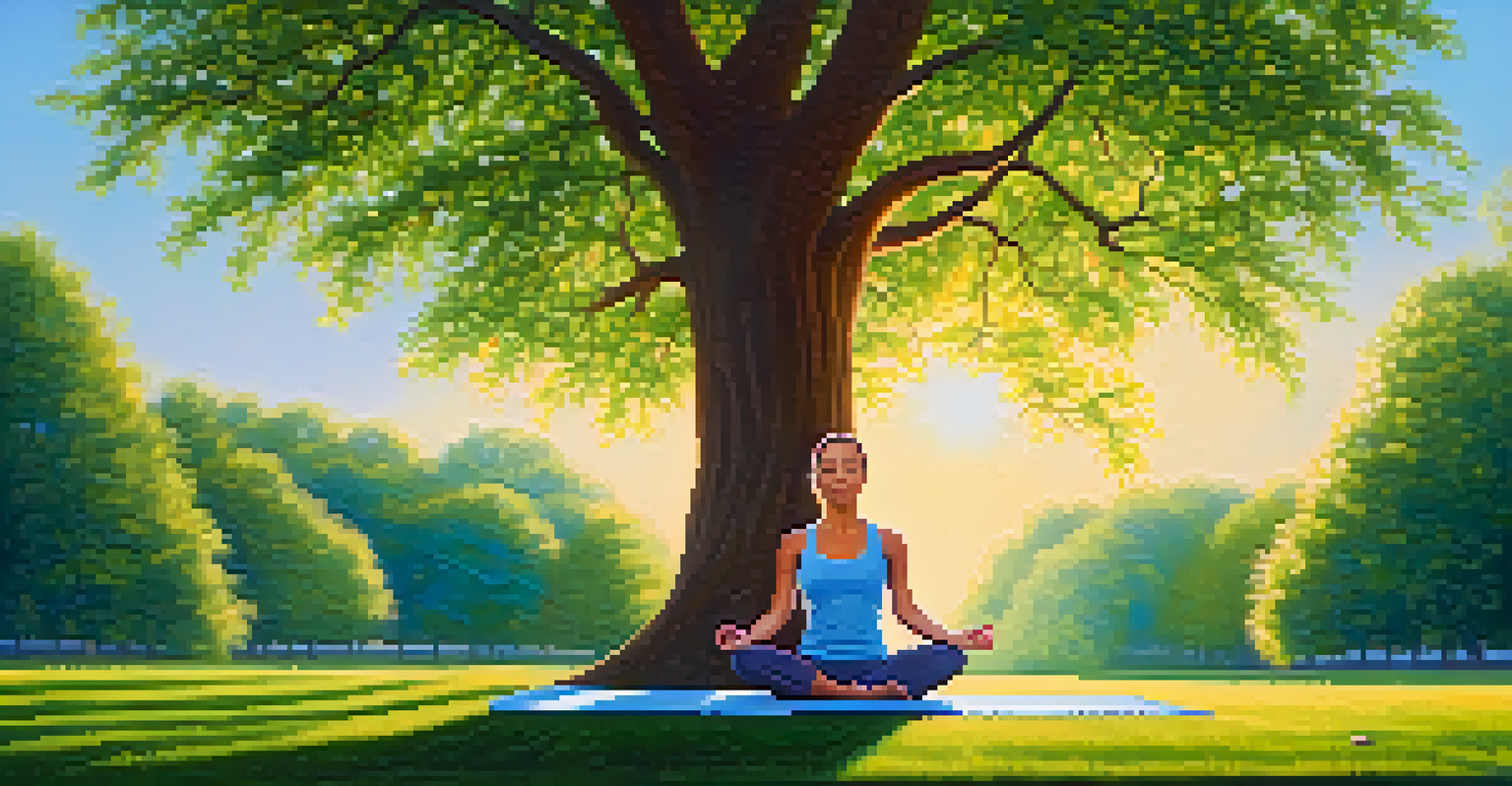 A woman practicing yoga in a tranquil park setting, surrounded by greenery and sunlight, symbolizing mental health and wellness.