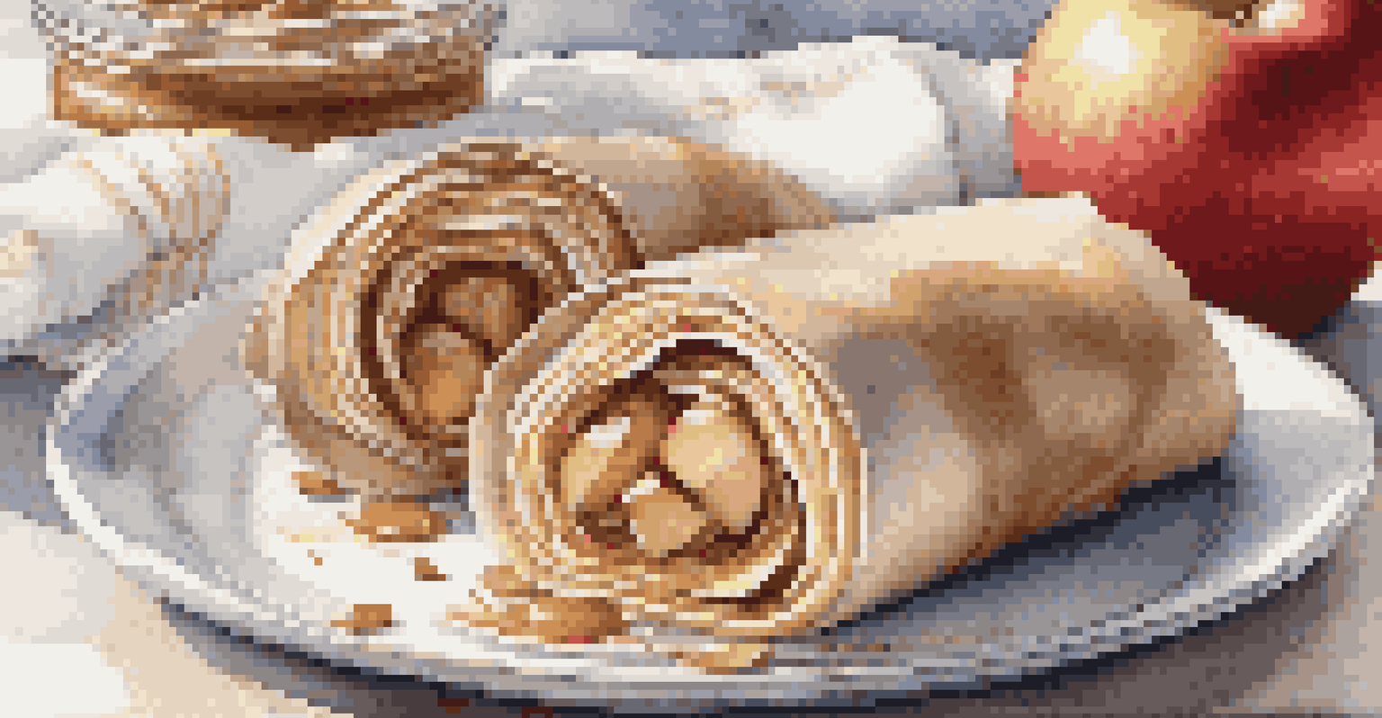 An apple and almond butter wrap on a white plate, featuring sliced apples and cinnamon, with a soft fabric napkin in the background.