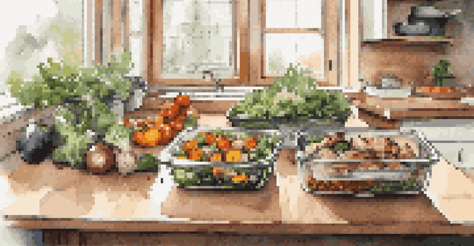 A kitchen counter displaying neatly organized meal prep containers filled with colorful and healthy foods, with fresh herbs and a salad in the background, illuminated by soft natural light.