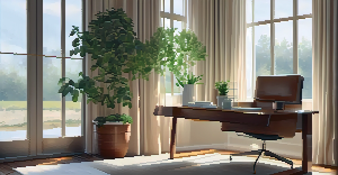 A peaceful home office with a comfortable chair, a window letting in soft light, a plant, a notebook, and a cup of tea, creating a relaxing visualization space.