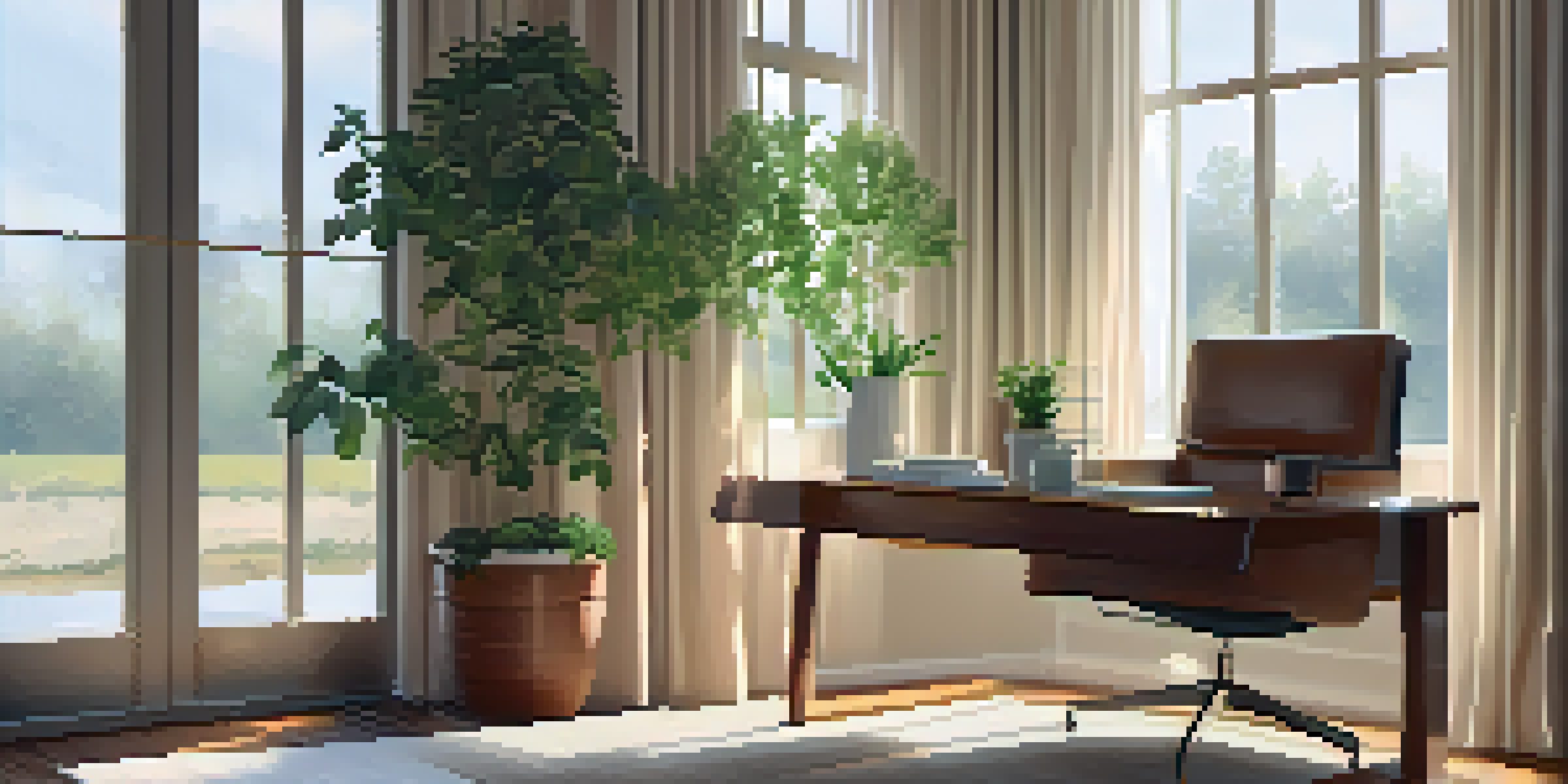 A peaceful home office with a comfortable chair, a window letting in soft light, a plant, a notebook, and a cup of tea, creating a relaxing visualization space.