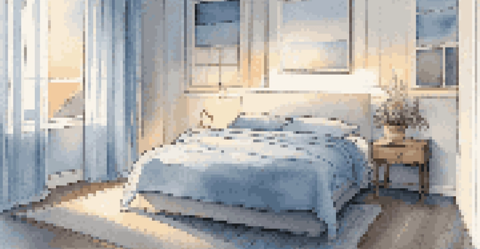 A calming bedroom with soft blue and white bedding, a bedside table with a plant and a book, and warm light filtering through sheer curtains.