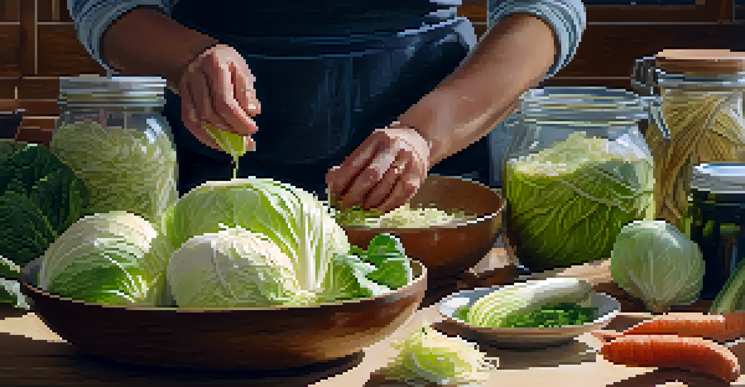 A person preparing homemade sauerkraut in a kitchen with fresh cabbage and jars.