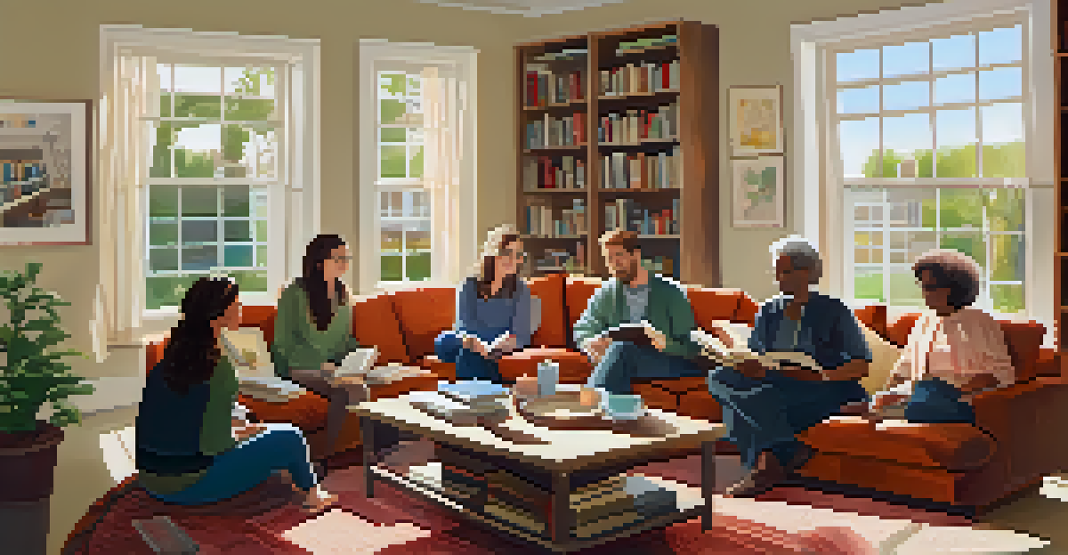 A warm neighborhood book club meeting with diverse members discussing a book in a cozy living room filled with sunlight.