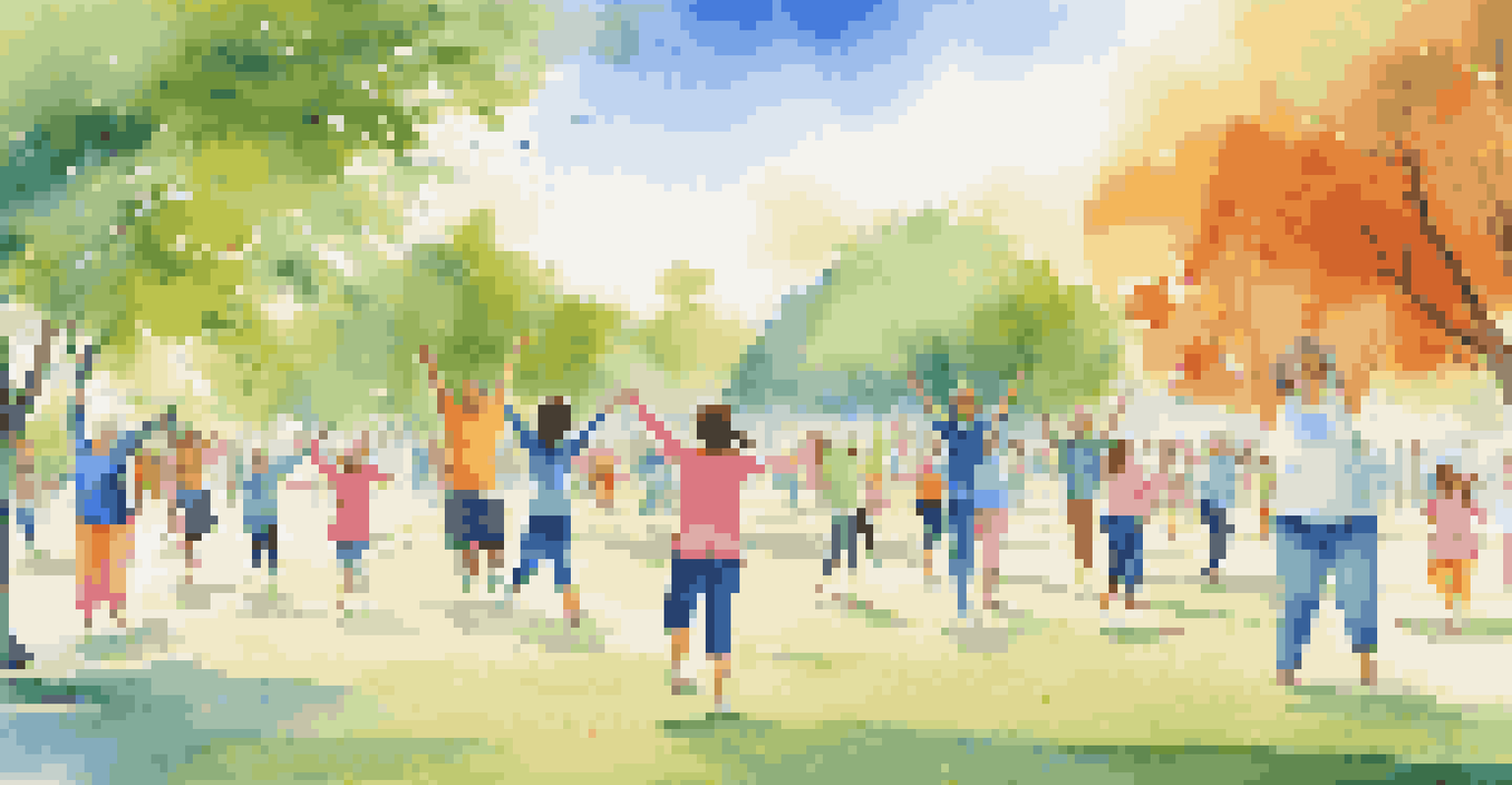 Families exercising together in a park, with colorful health awareness banners and a clear blue sky.
