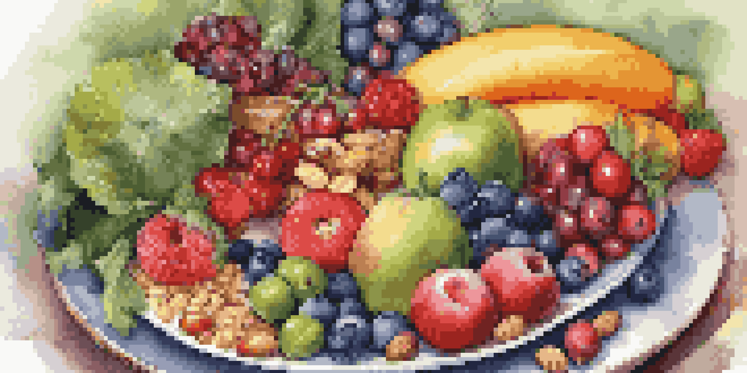 A colorful plate displaying a variety of fruits, vegetables, nuts, and whole grains, symbolizing a balanced diet for brain health.