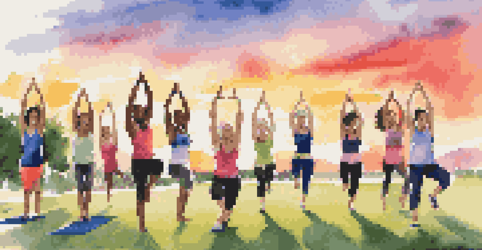 A group of friends participating in an outdoor fitness class at sunset, with colorful yoga mats on the grass.