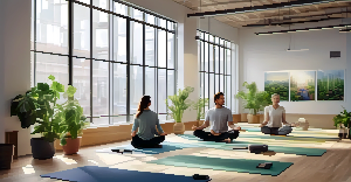 A diverse group of employees practicing mindfulness in a bright office space filled with plants.