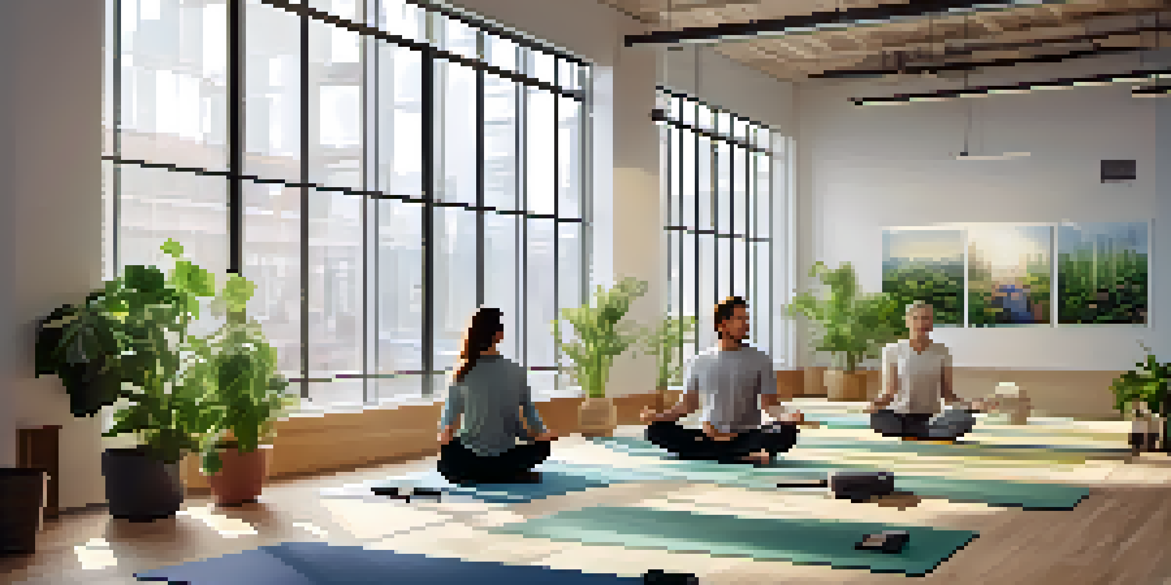 A diverse group of employees practicing mindfulness in a bright office space filled with plants.