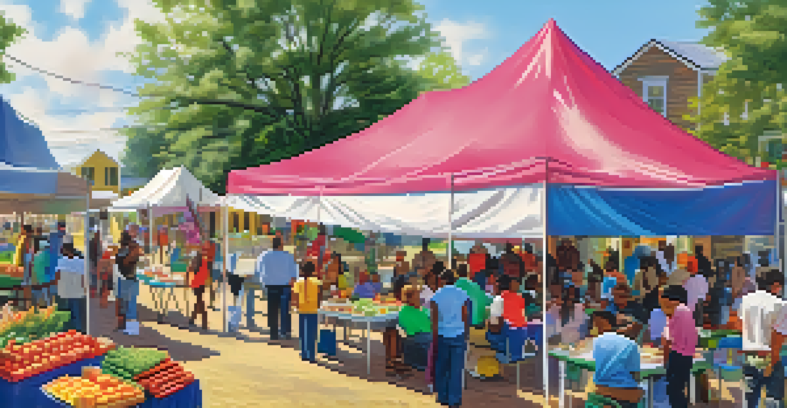 A lively community health fair in a rural town with residents interacting with healthcare providers and colorful displays of health resources.