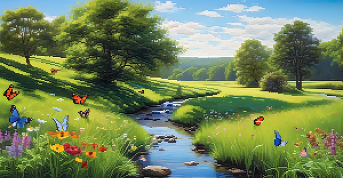 A peaceful landscape featuring a clear sky, green field, and blooming wildflowers.