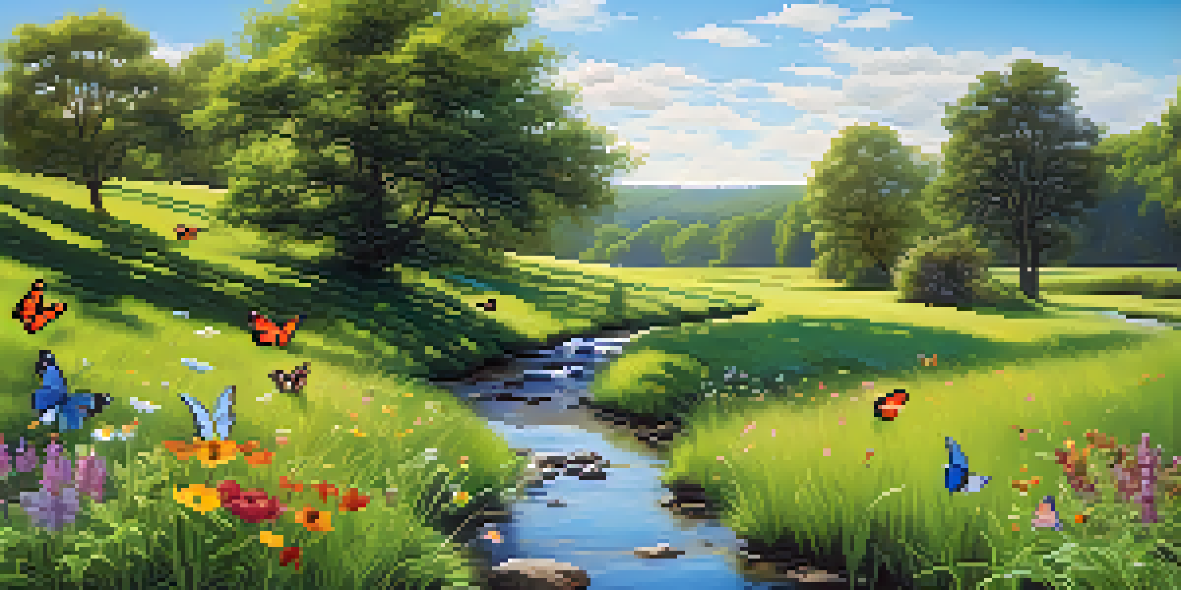 A peaceful landscape featuring a clear sky, green field, and blooming wildflowers.