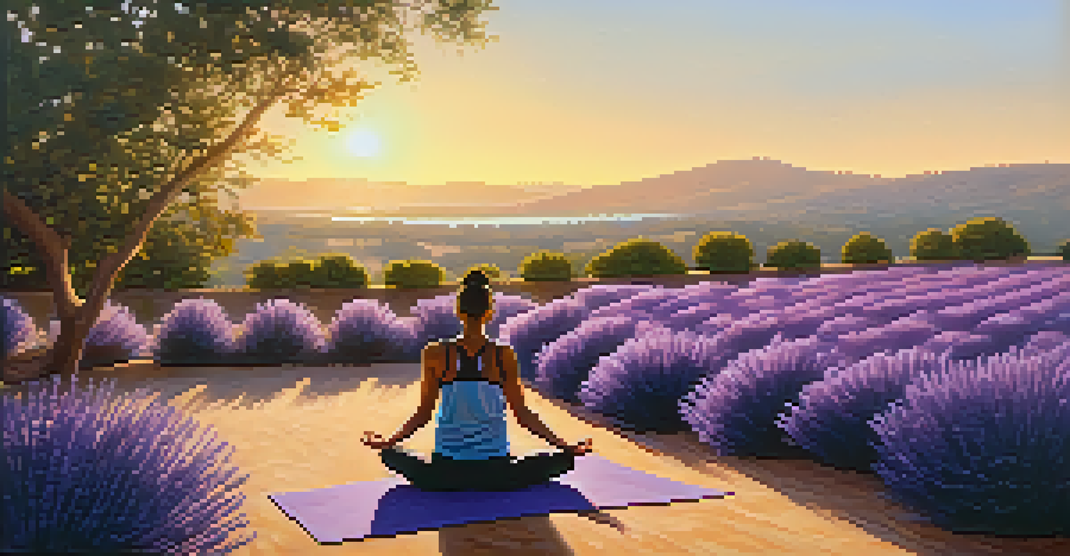 A person practicing yoga outdoors at sunrise, surrounded by lavender and eucalyptus plants, in a meditative pose.