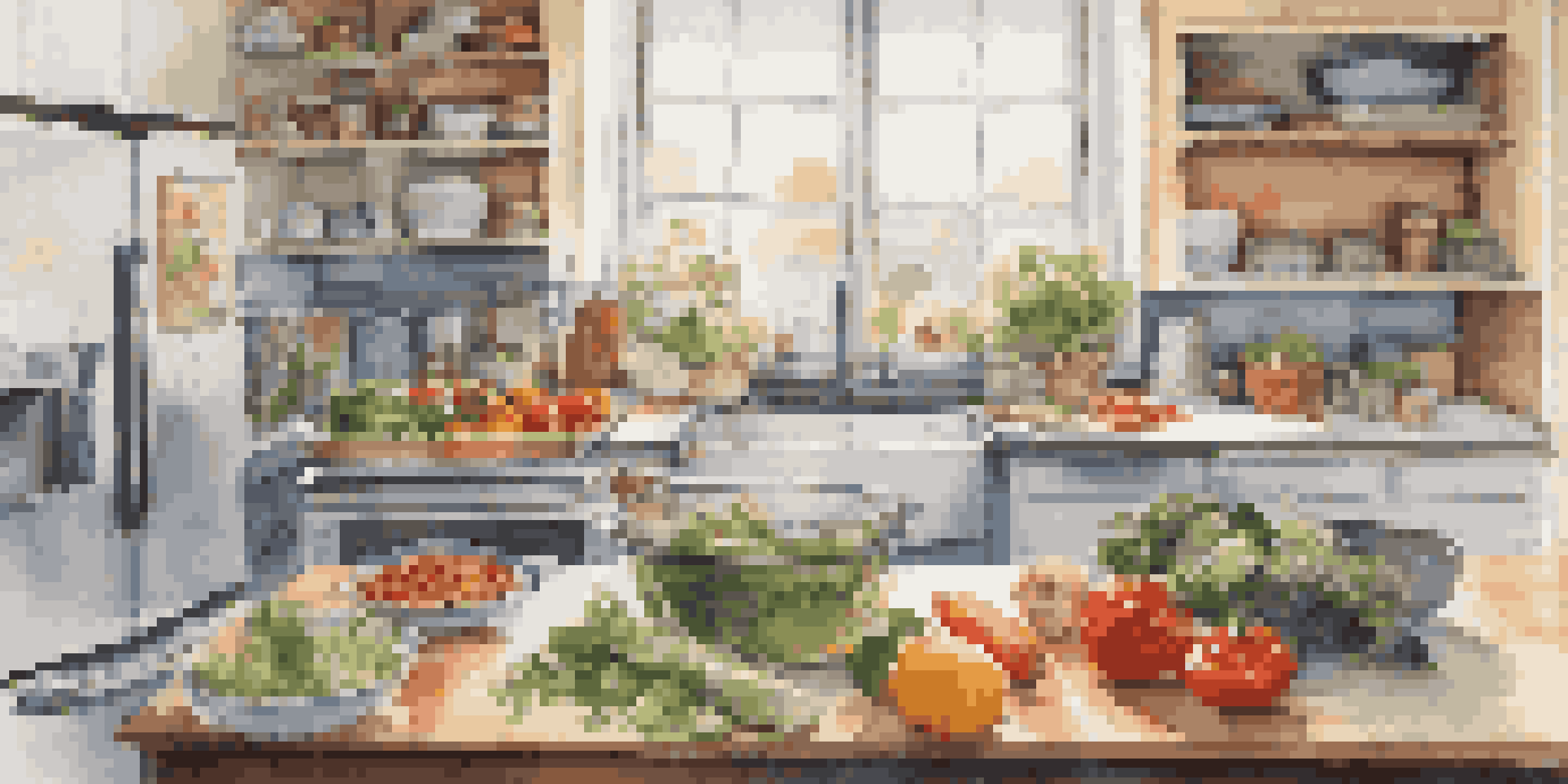 A student preparing meals in a bright kitchen with fresh vegetables, grains, and a shopping list on the countertop.