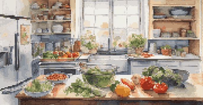 A student preparing meals in a bright kitchen with fresh vegetables, grains, and a shopping list on the countertop.