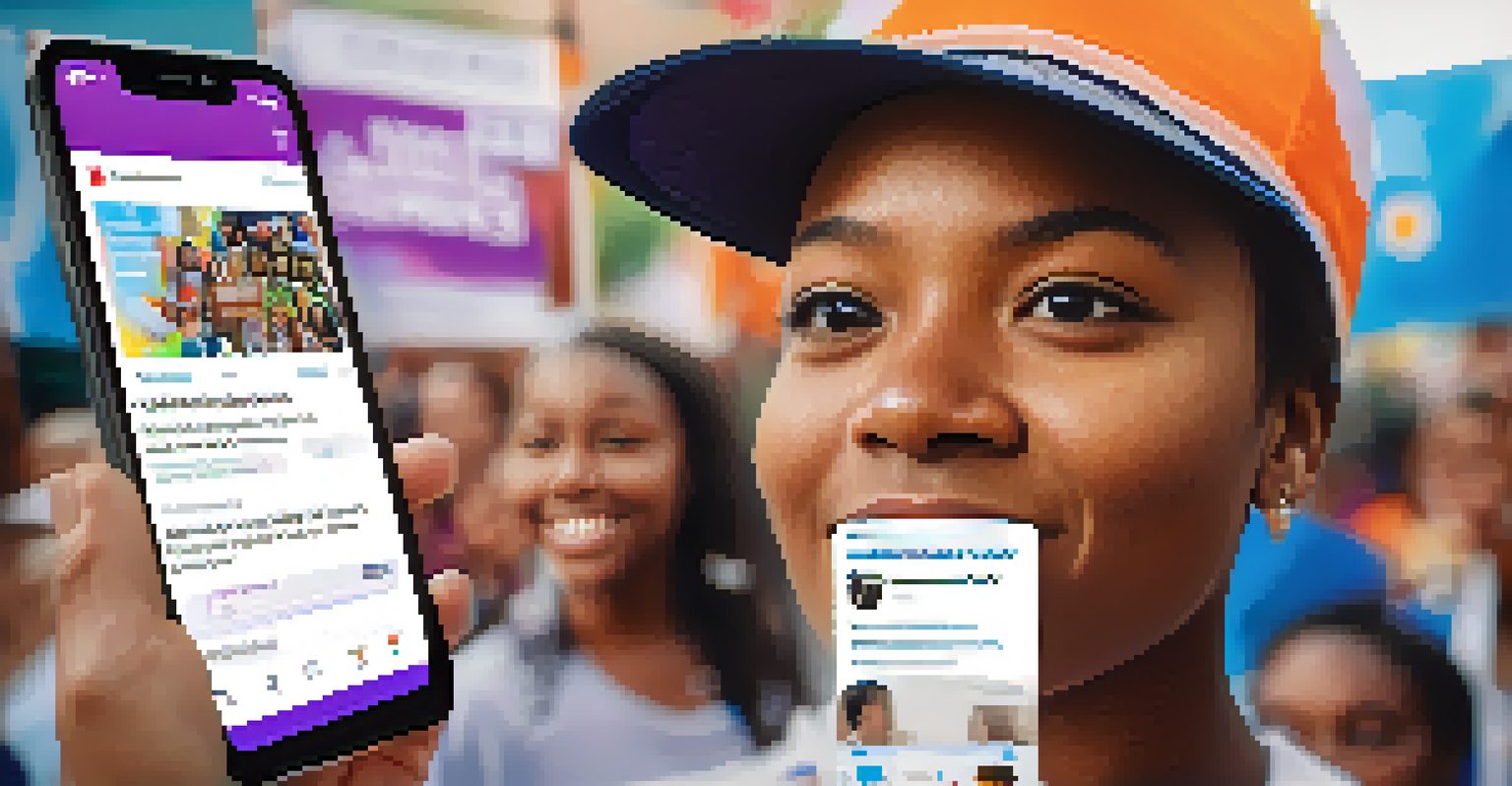 Close-up of a young advocate holding a smartphone showing a health equity campaign against a blurred community event background.