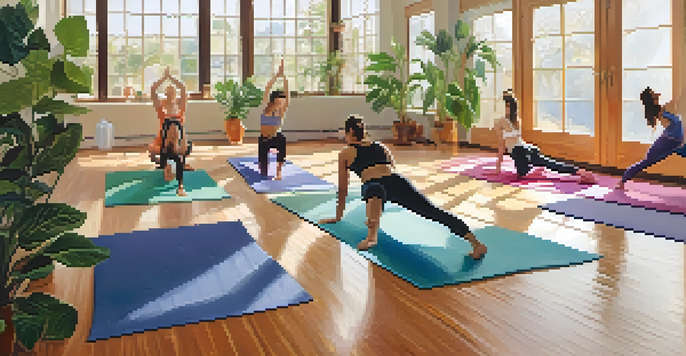 A peaceful yoga studio with diverse athletes practicing yoga poses under warm natural light, surrounded by plants and calming decor.