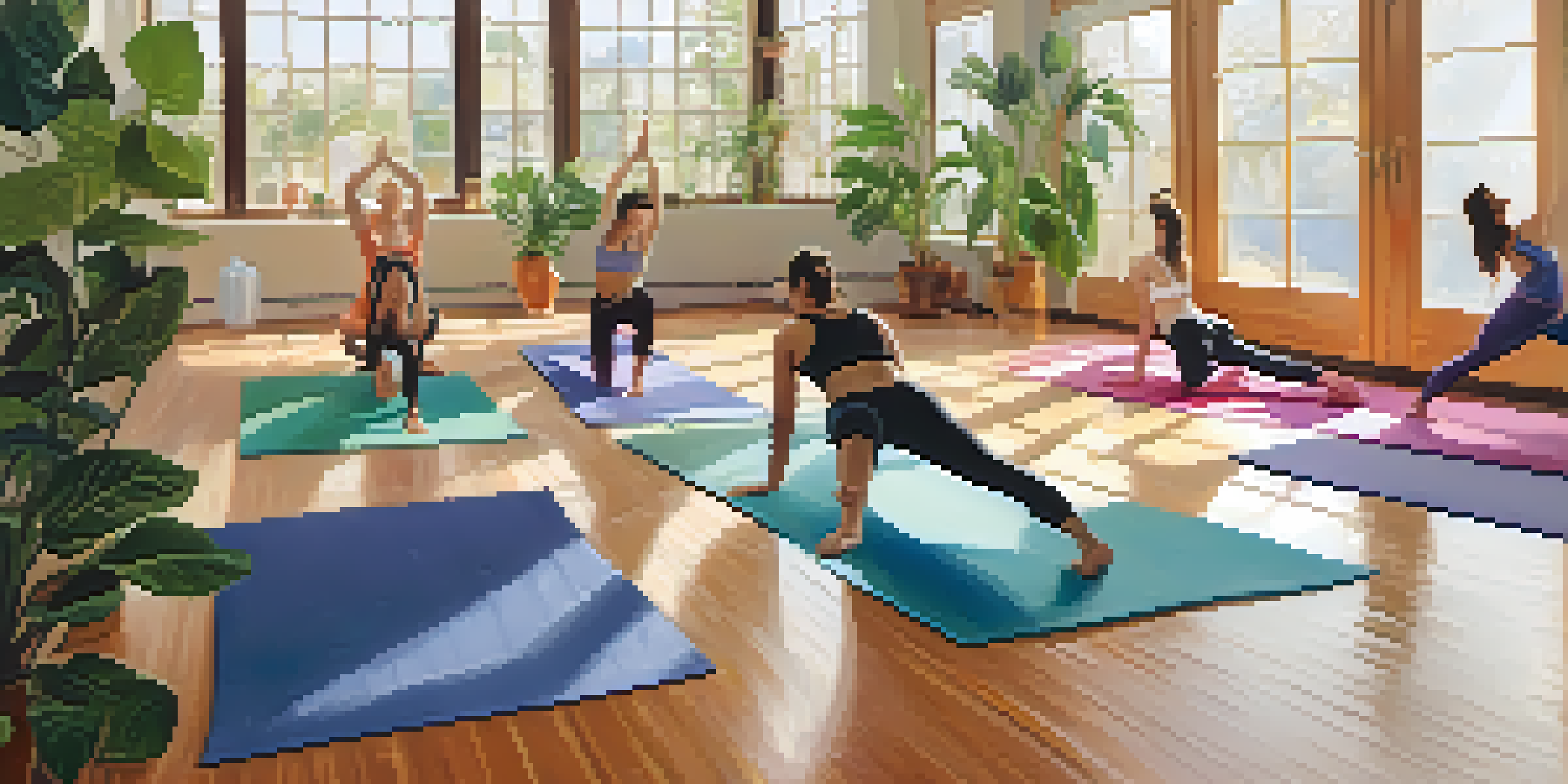 A peaceful yoga studio with diverse athletes practicing yoga poses under warm natural light, surrounded by plants and calming decor.
