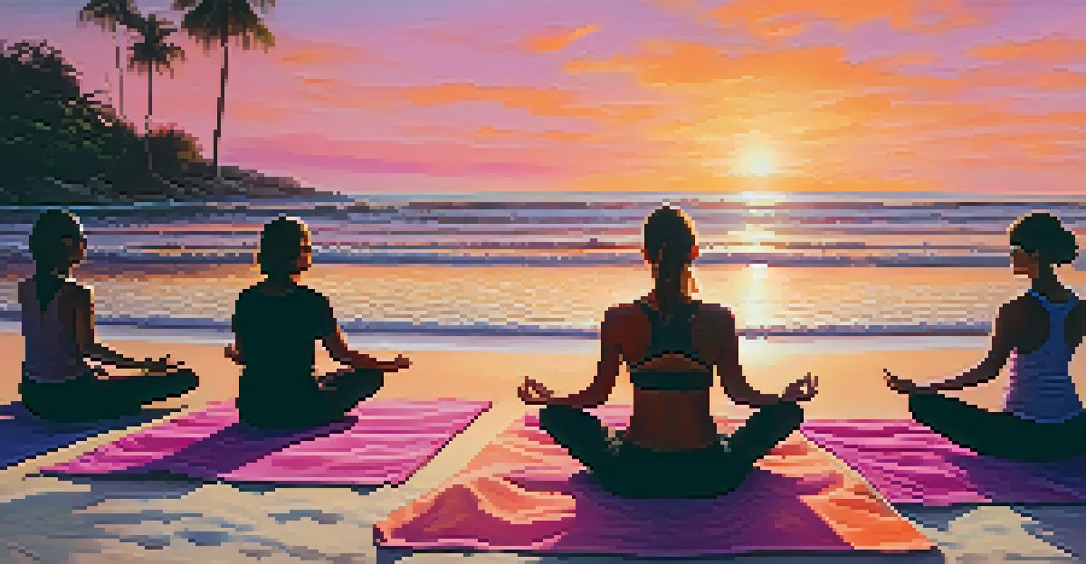 People practicing yoga on a beach at sunset with waves and a vibrant sky in the background.