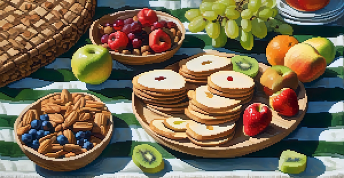 A picnic setup in a green park with healthy snacks like fruit slices, nuts, and crackers on a checkered blanket, illuminated by sunlight.