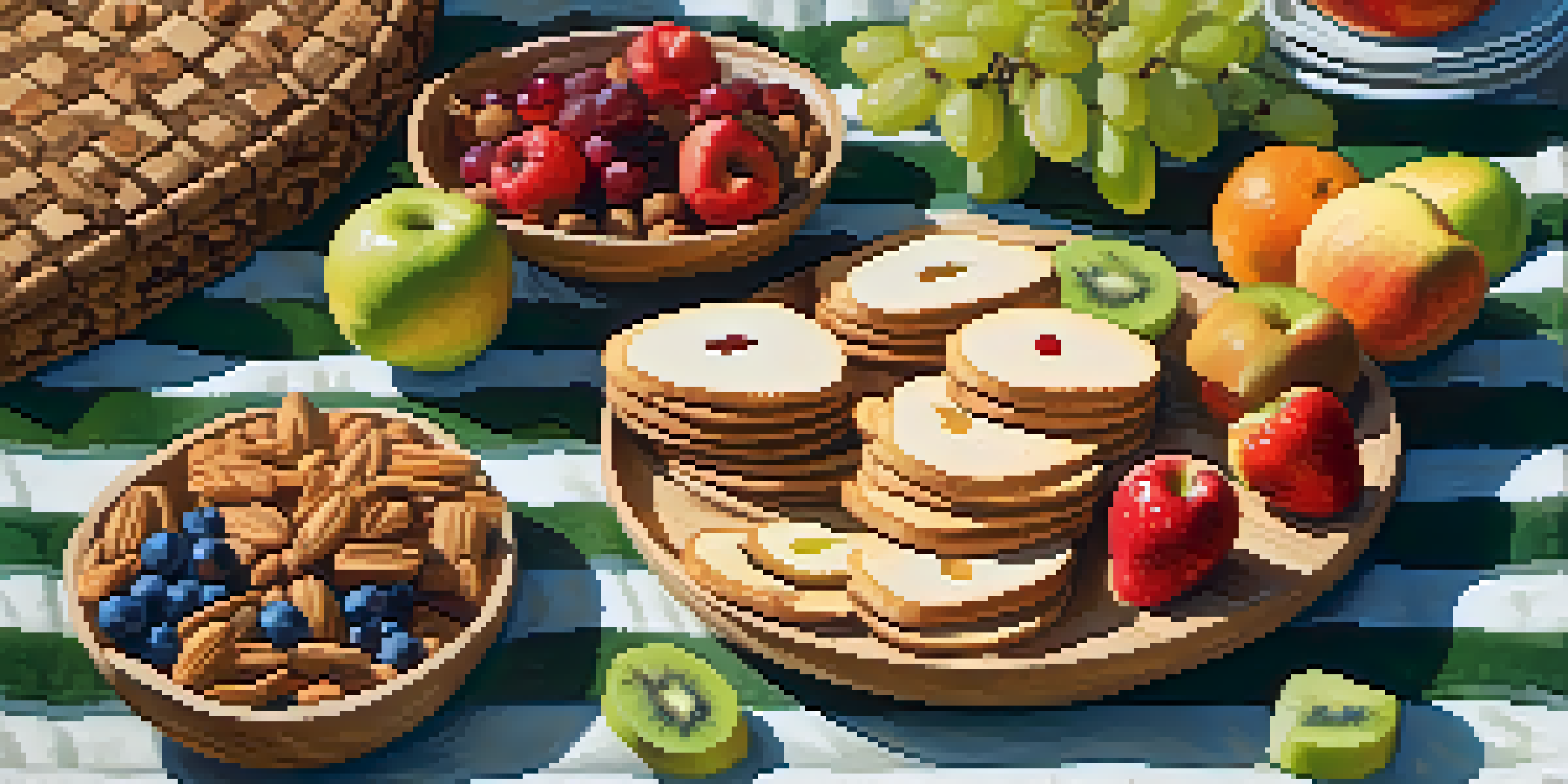 A picnic setup in a green park with healthy snacks like fruit slices, nuts, and crackers on a checkered blanket, illuminated by sunlight.