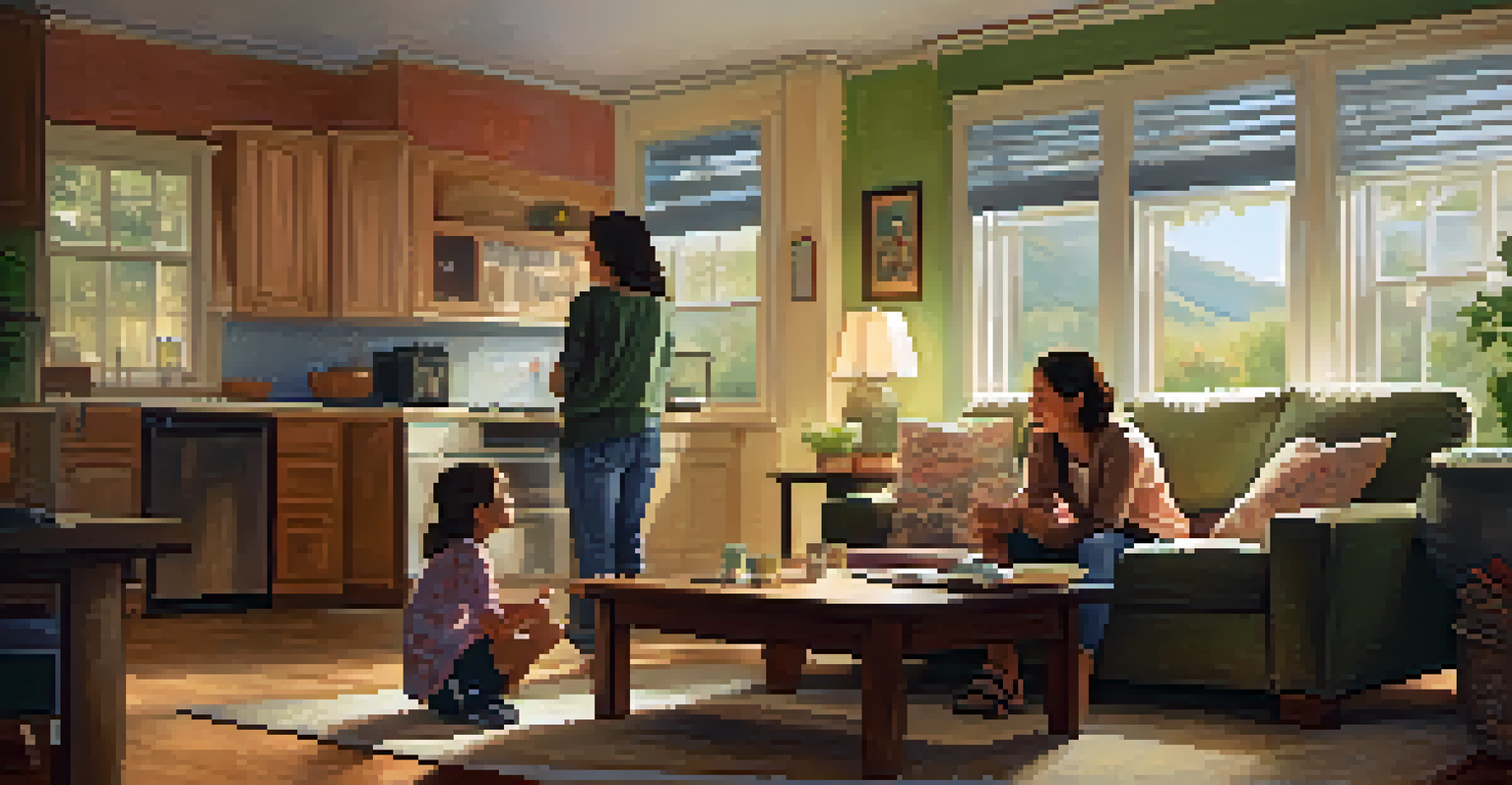 A parent and child sitting on a couch, having a heartfelt conversation about emotions in a cozy home setting.