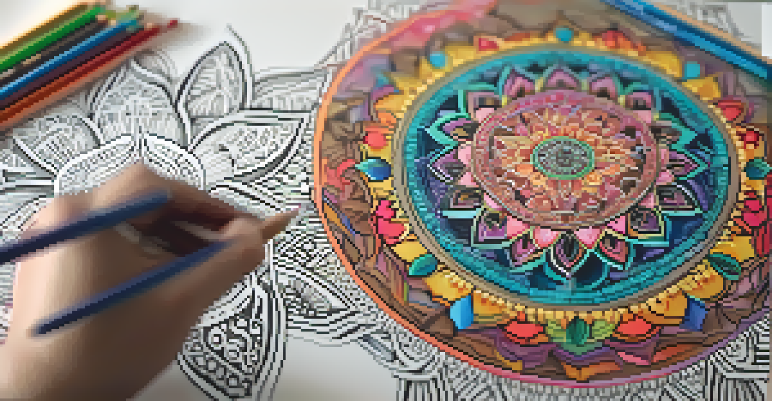 A detailed close-up of a colorful mandala drawing with colored pencils, set against a softly lit, peaceful background.