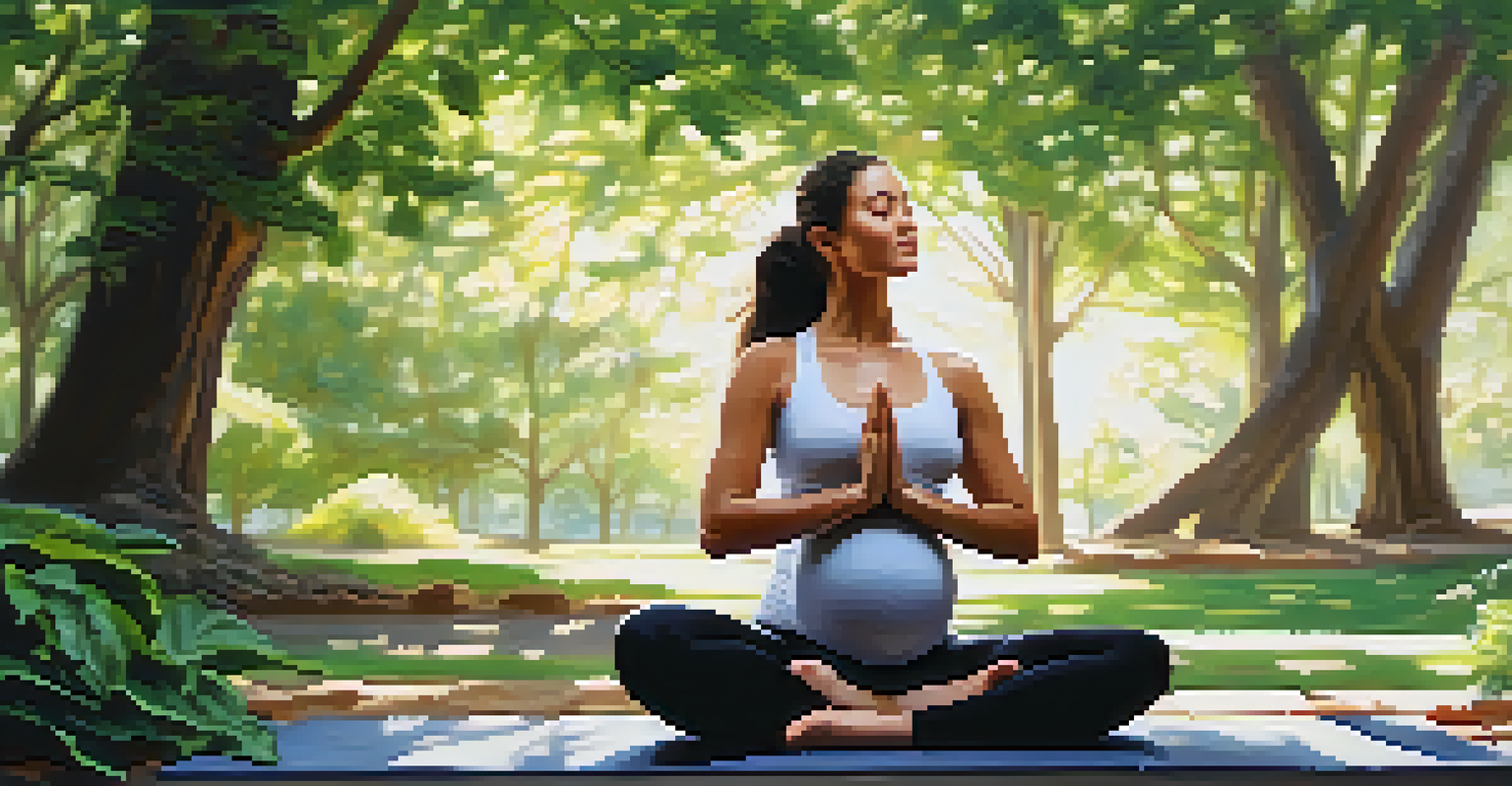 A pregnant woman doing yoga in a serene park, surrounded by greenery and soft sunlight.