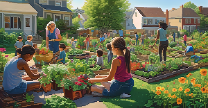 A diverse group of people working together in a colorful community garden filled with flowers and vegetables under bright sunlight.