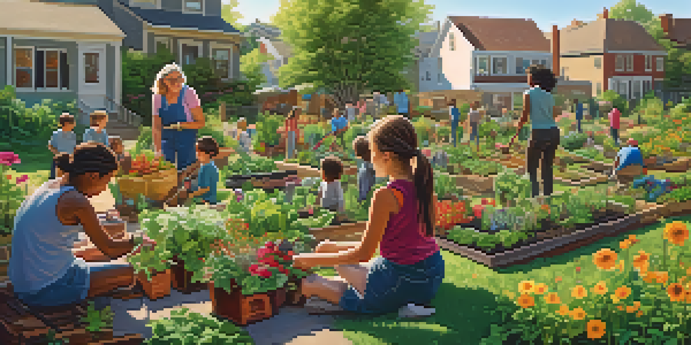 A diverse group of people working together in a colorful community garden filled with flowers and vegetables under bright sunlight.
