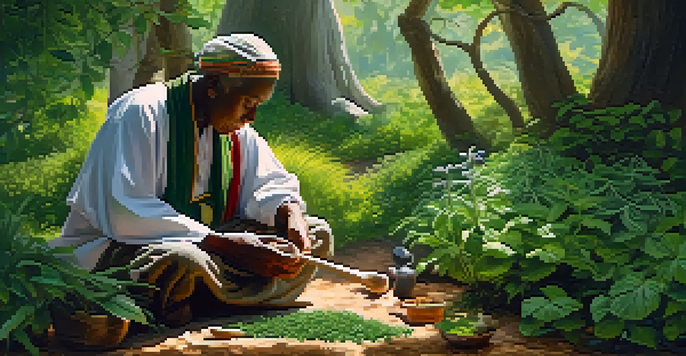 An elderly traditional healer in a colorful outfit preparing herbal remedies in a lush forest, with sunlight filtering through the trees.