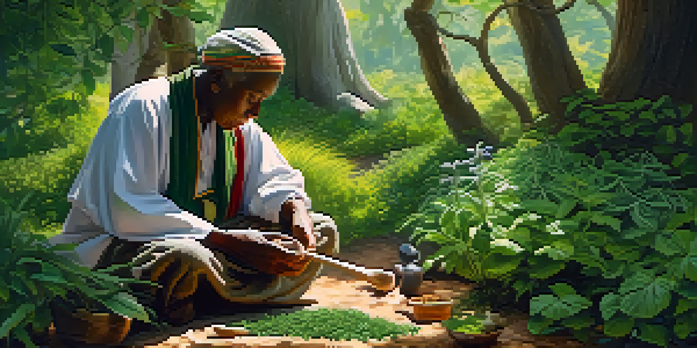 An elderly traditional healer in a colorful outfit preparing herbal remedies in a lush forest, with sunlight filtering through the trees.