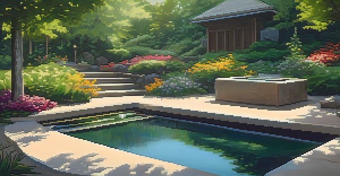 A peaceful outdoor meditation area surrounded by lush greenery and colorful flowers, with sunlight filtering through trees and a calming water feature.